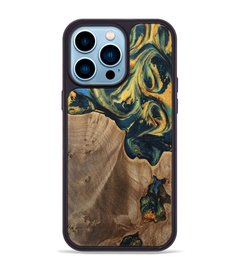 iPhone 14 Pro Max Wood Phone Case - Sonya (Teal & Gold, 741484)