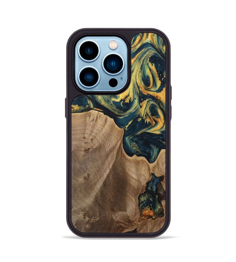 iPhone 14 Pro Wood Phone Case - Sonya (Teal & Gold, 741484)