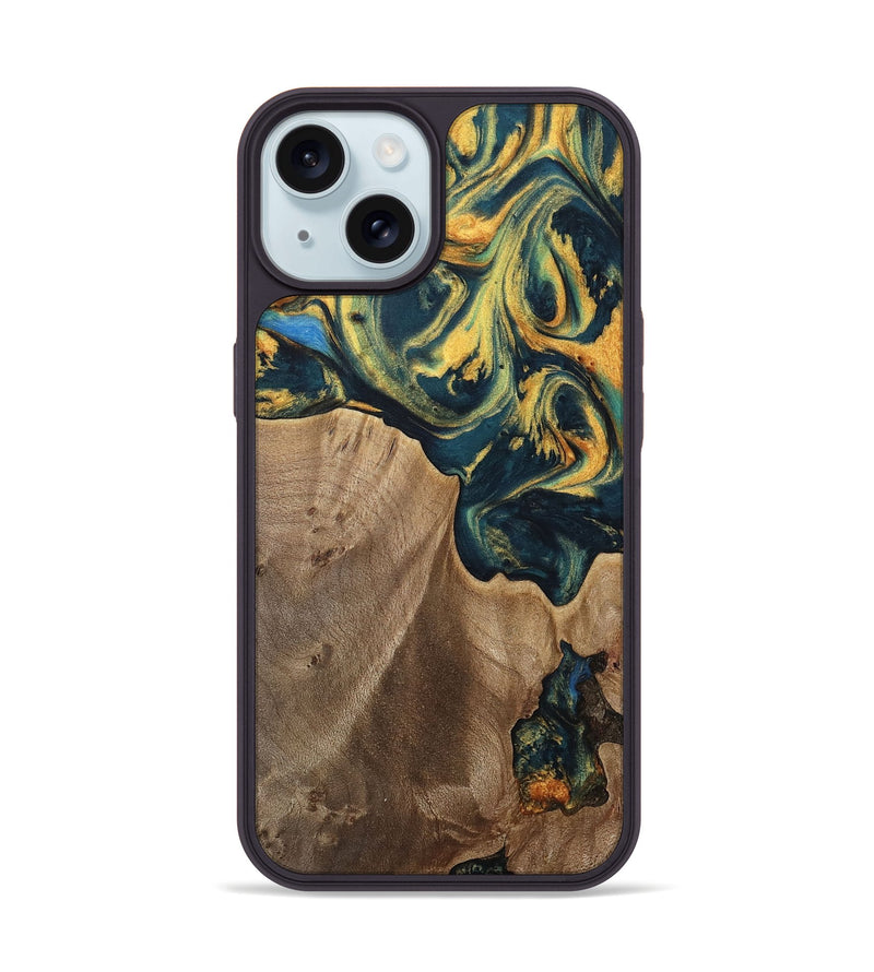 iPhone 15 Wood Phone Case - Sonya (Teal & Gold, 741484)