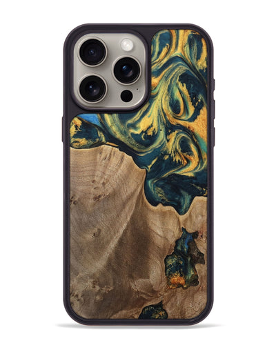 iPhone 15 Pro Max Wood Phone Case - Sonya (Teal & Gold, 741484)