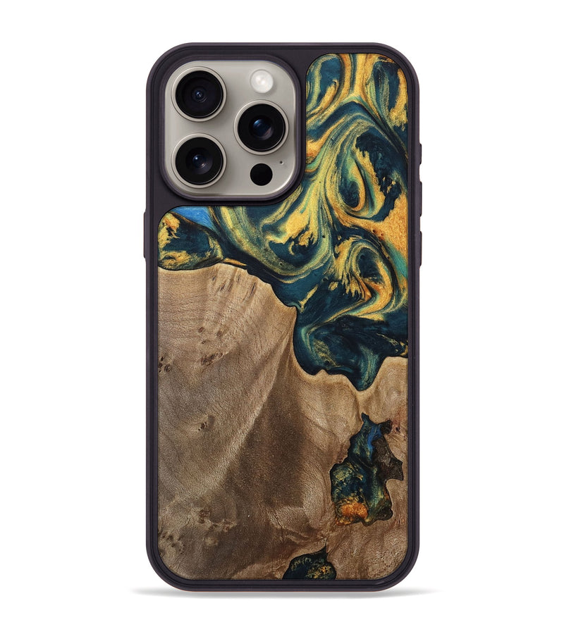 iPhone 15 Pro Max Wood Phone Case - Sonya (Teal & Gold, 741484)