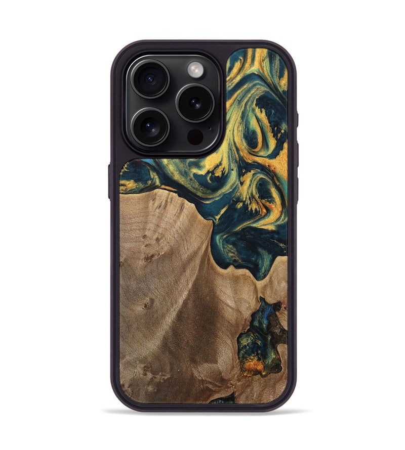 iPhone 15 Pro Wood Phone Case - Sonya (Teal & Gold, 741484)