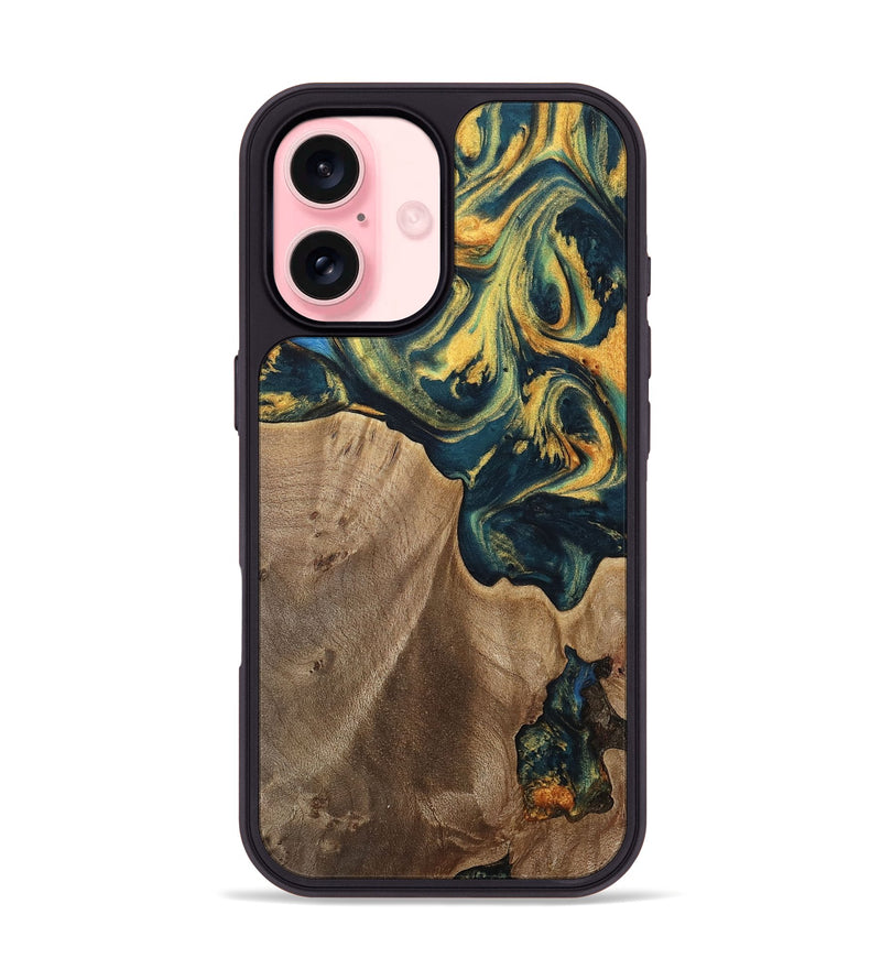 iPhone 16 Wood Phone Case - Sonya (Teal & Gold, 741484)