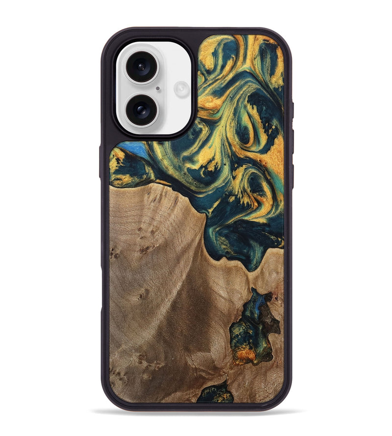 iPhone 16 Plus Wood Phone Case - Sonya (Teal & Gold, 741484)