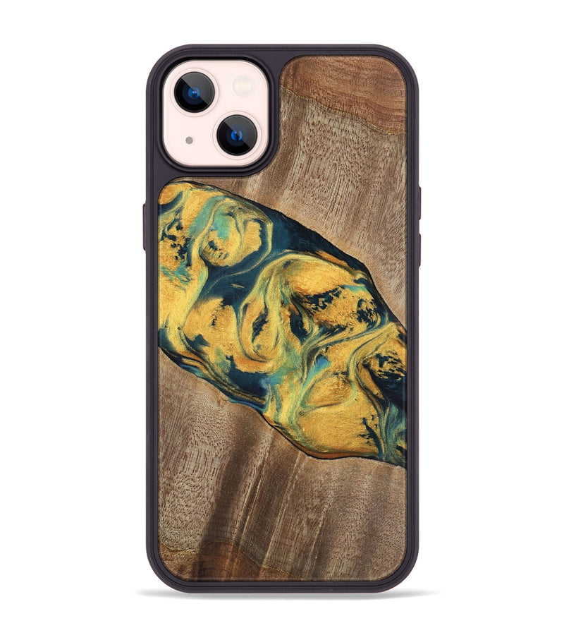 iPhone 14 Plus Wood Phone Case - Elease (Teal & Gold, 741492)