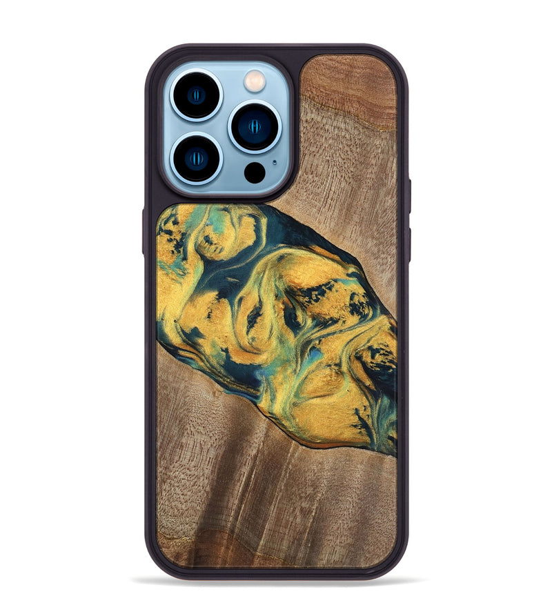 iPhone 14 Pro Max Wood Phone Case - Elease (Teal & Gold, 741492)