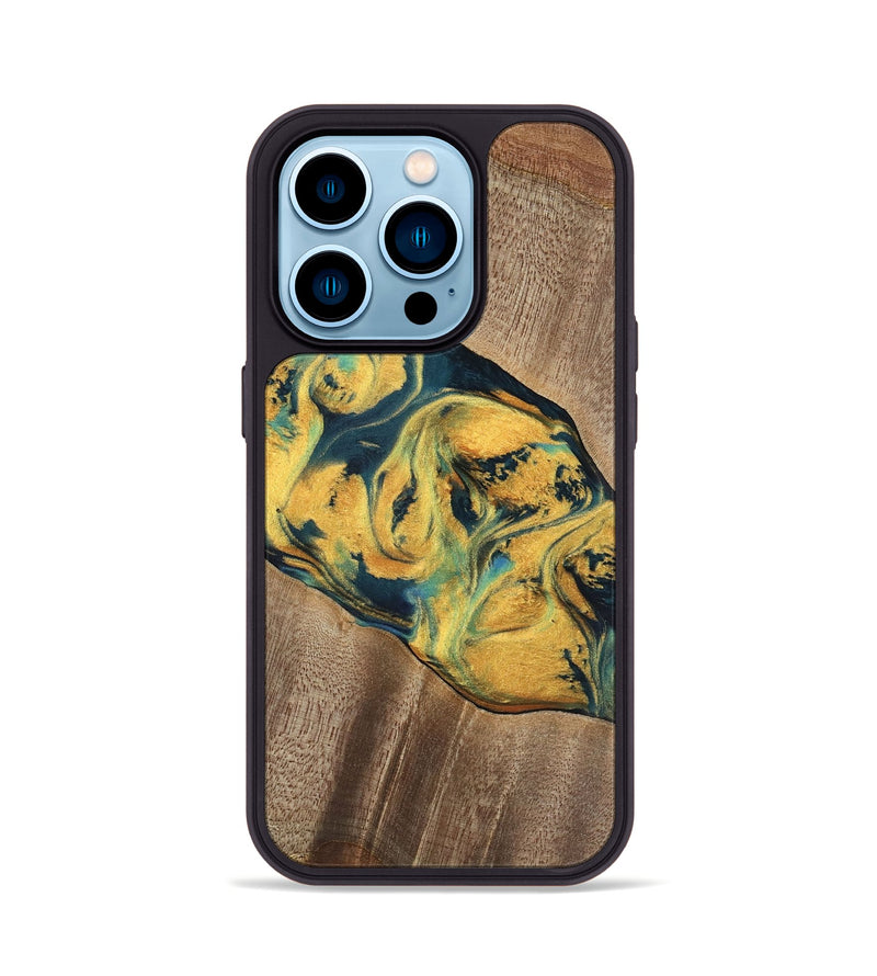 iPhone 14 Pro Wood Phone Case - Elease (Teal & Gold, 741492)