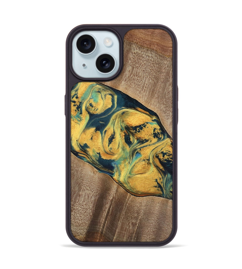 iPhone 15 Wood Phone Case - Elease (Teal & Gold, 741492)