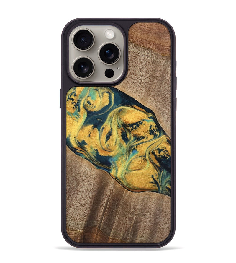 iPhone 15 Pro Max Wood Phone Case - Elease (Teal & Gold, 741492)