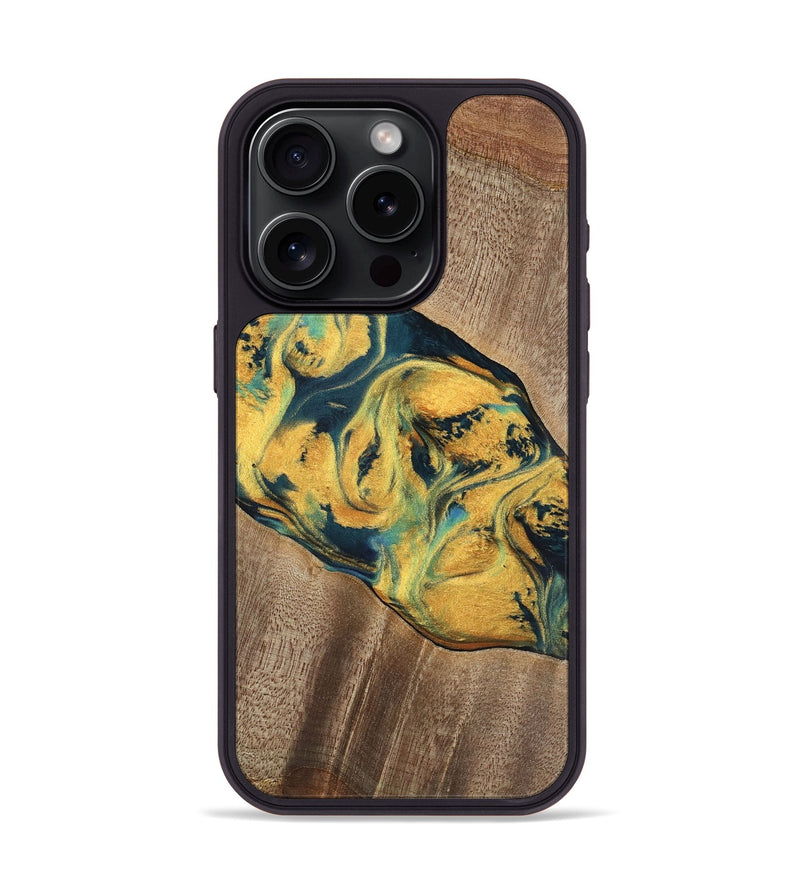 iPhone 15 Pro Wood Phone Case - Elease (Teal & Gold, 741492)