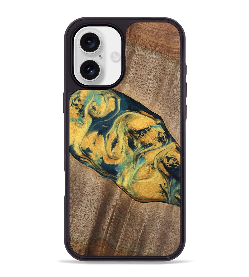 iPhone 16 Plus Wood Phone Case - Elease (Teal & Gold, 741492)