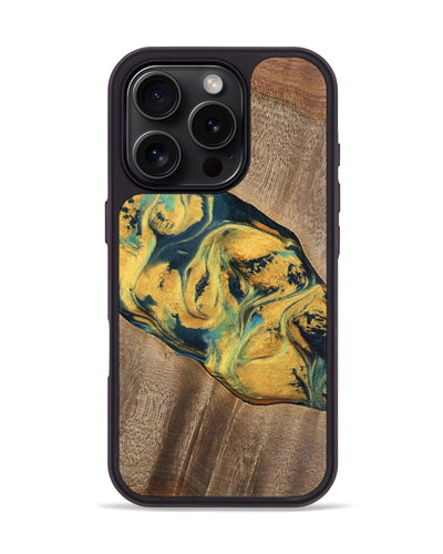 iPhone 16 Pro Wood Phone Case - Elease (Teal & Gold, 741492)