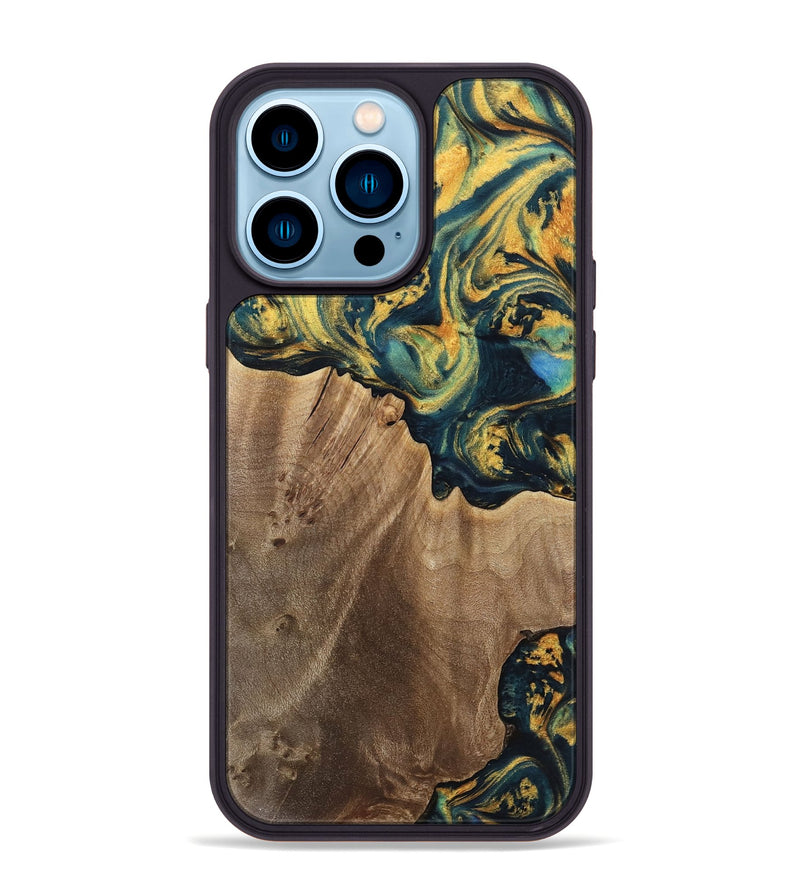 iPhone 14 Pro Max Wood Phone Case - Anders (Teal & Gold, 741493)