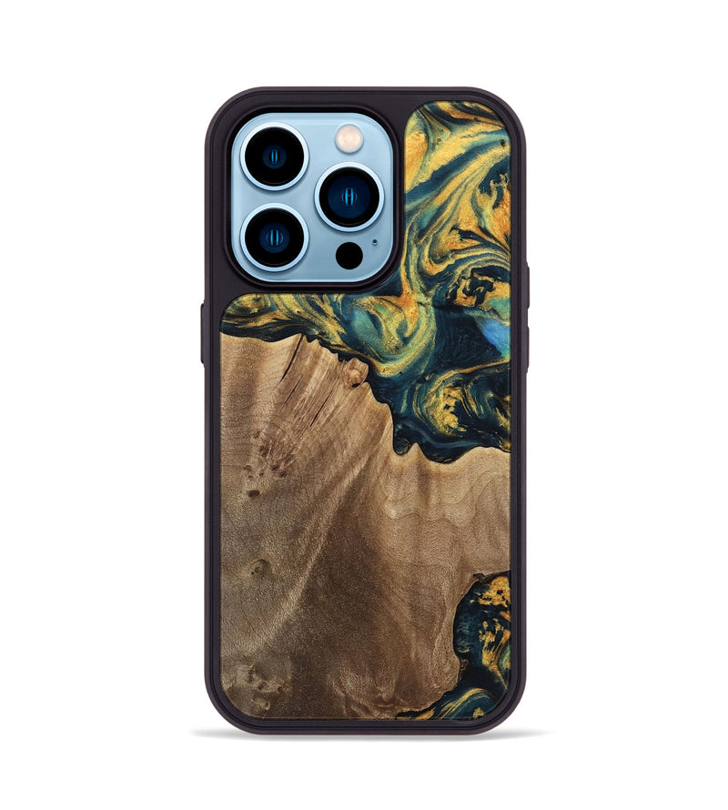 iPhone 14 Pro Wood Phone Case - Anders (Teal & Gold, 741493)