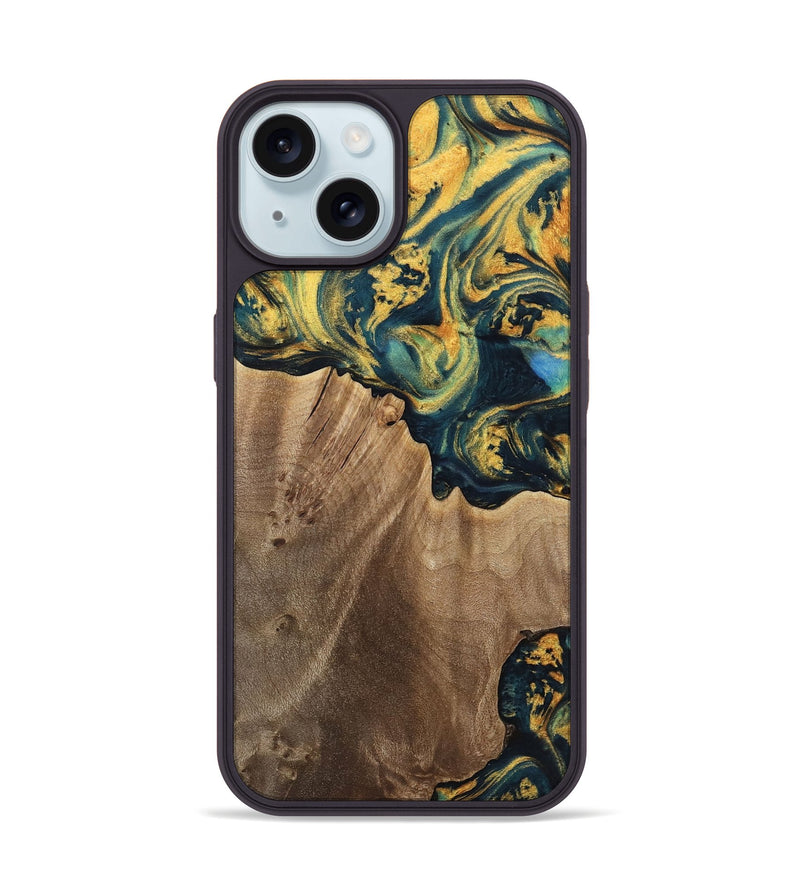 iPhone 15 Wood Phone Case - Anders (Teal & Gold, 741493)