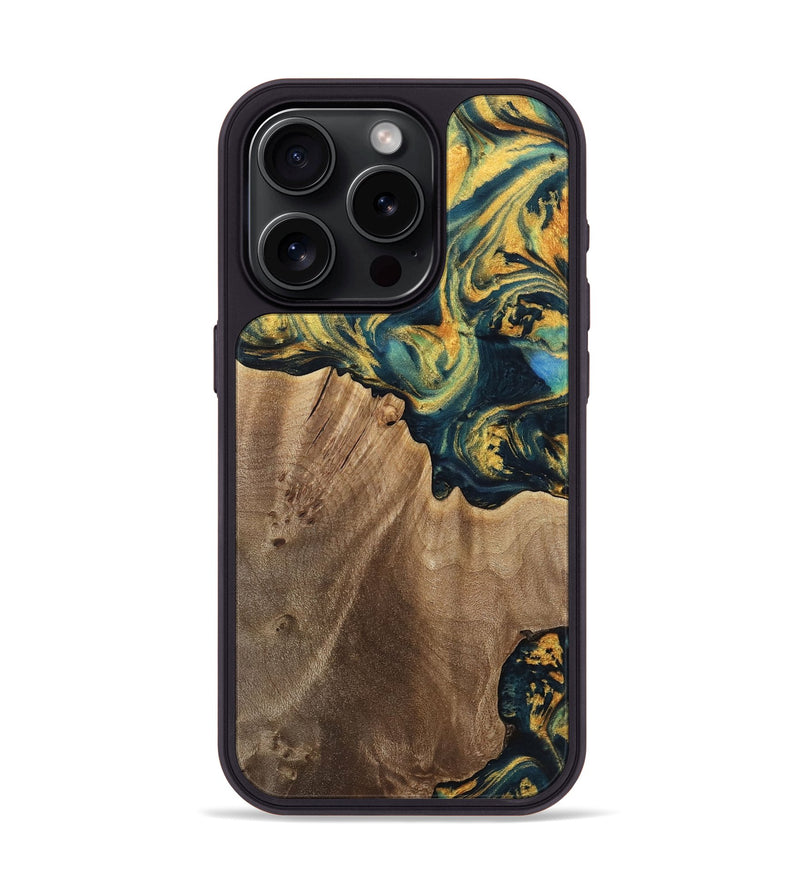 iPhone 15 Pro Wood Phone Case - Anders (Teal & Gold, 741493)