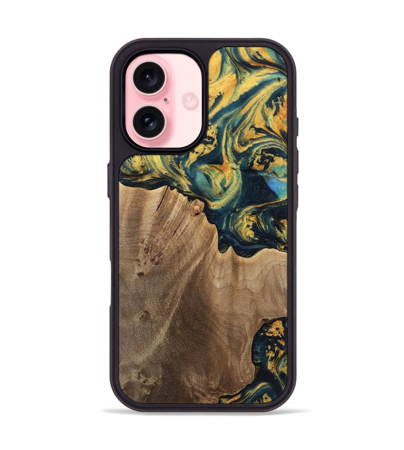 iPhone 16 Wood Phone Case - Anders (Teal & Gold, 741493)