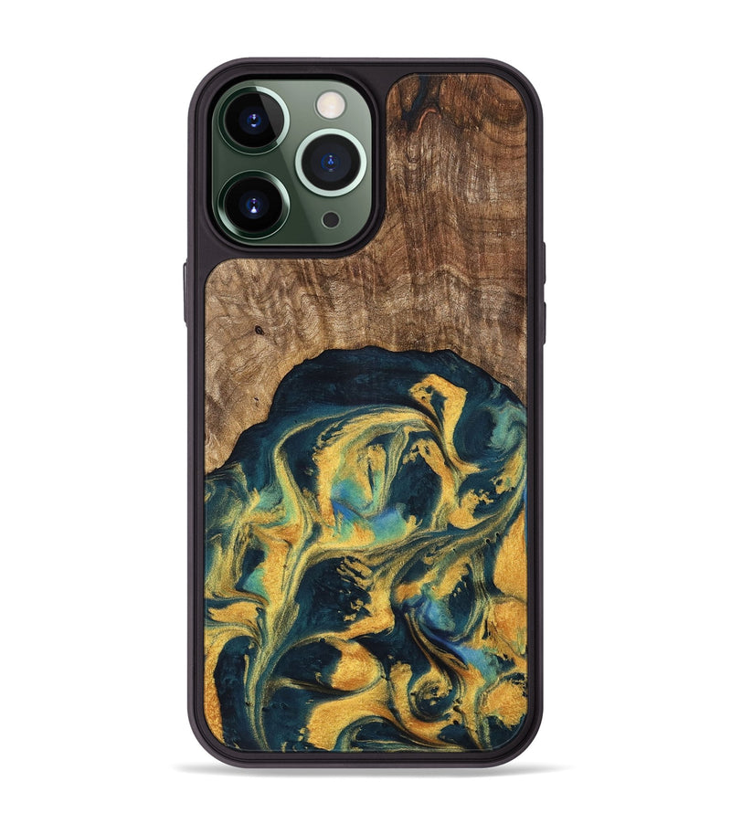 iPhone 13 Pro Max Wood Phone Case - Dulci (Teal & Gold, 741501)