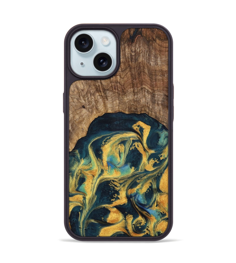 iPhone 15 Wood Phone Case - Dulci (Teal & Gold, 741501)