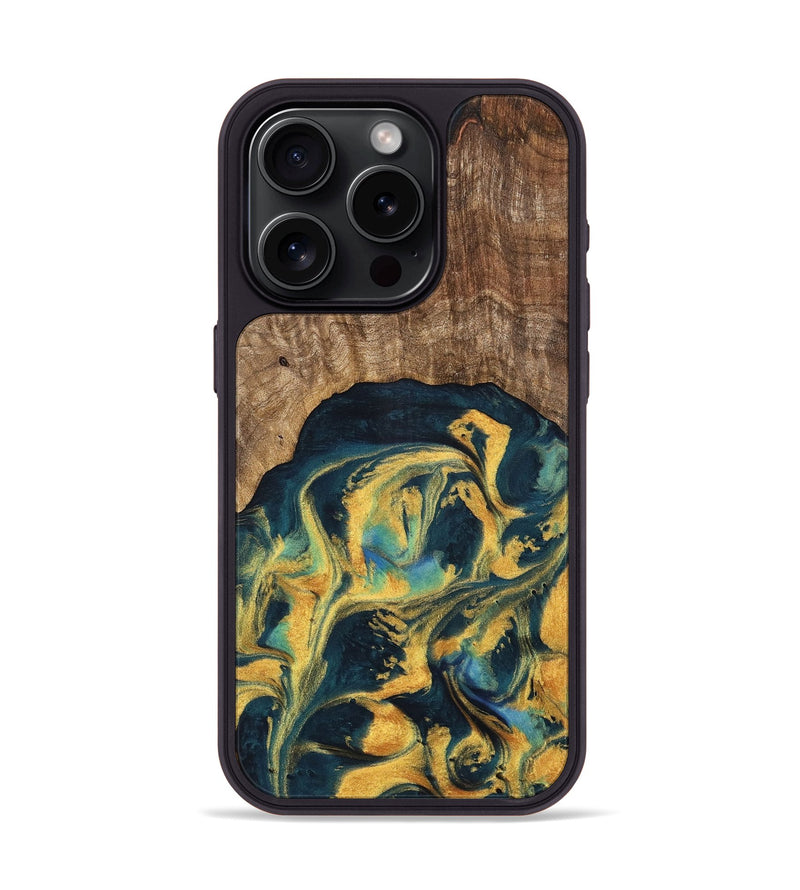 iPhone 15 Pro Wood Phone Case - Dulci (Teal & Gold, 741501)