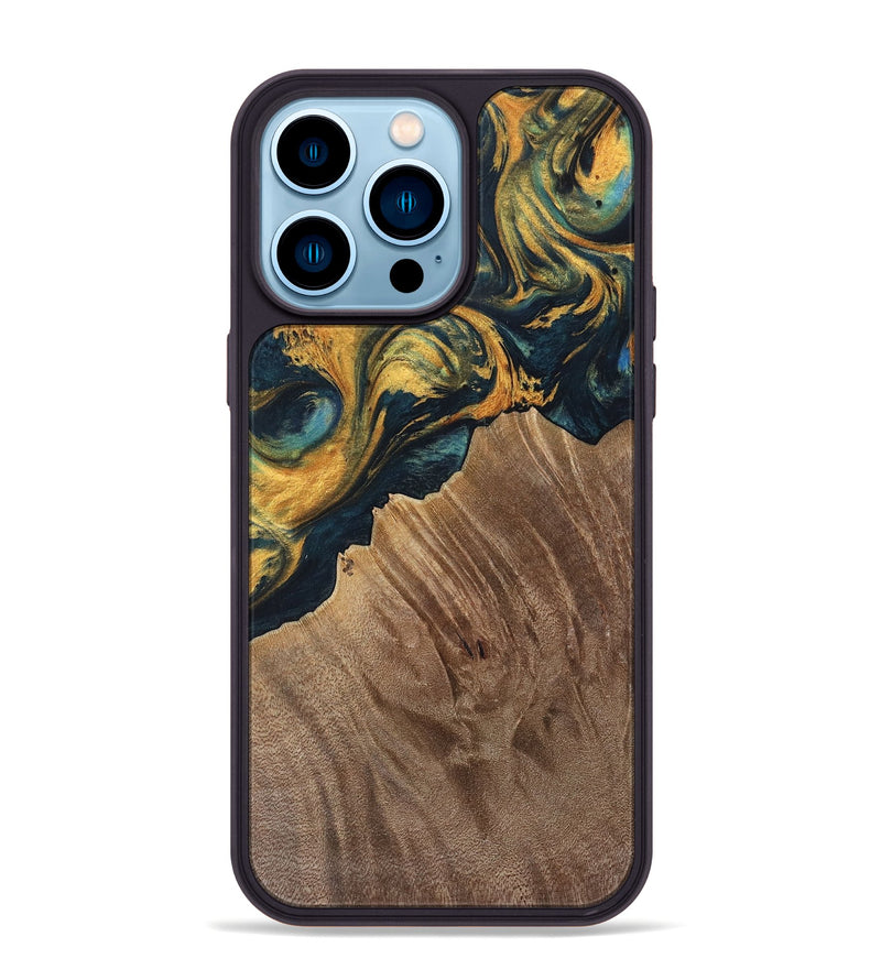 iPhone 14 Pro Max Wood Phone Case - Sylvain (Teal & Gold, 741502)