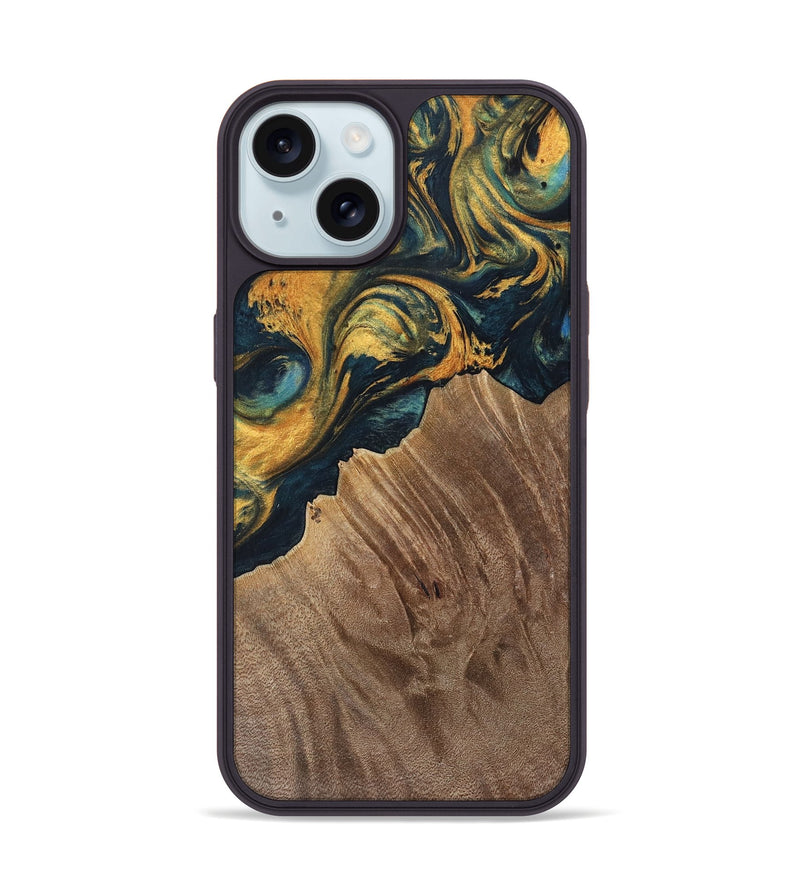 iPhone 15 Wood Phone Case - Sylvain (Teal & Gold, 741502)