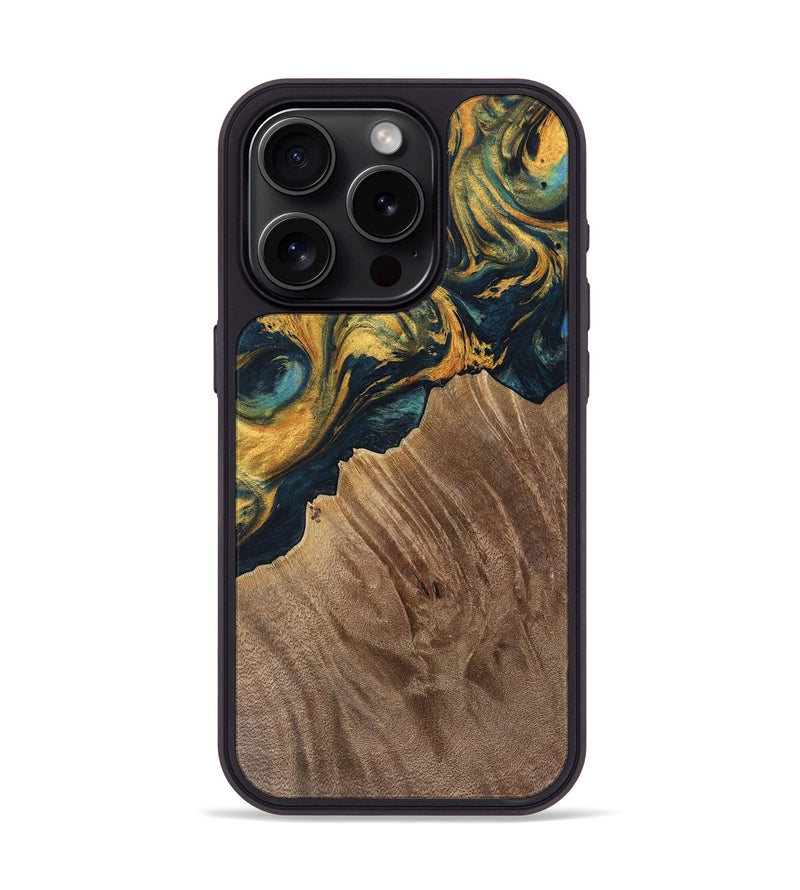 iPhone 15 Pro Wood Phone Case - Sylvain (Teal & Gold, 741502)