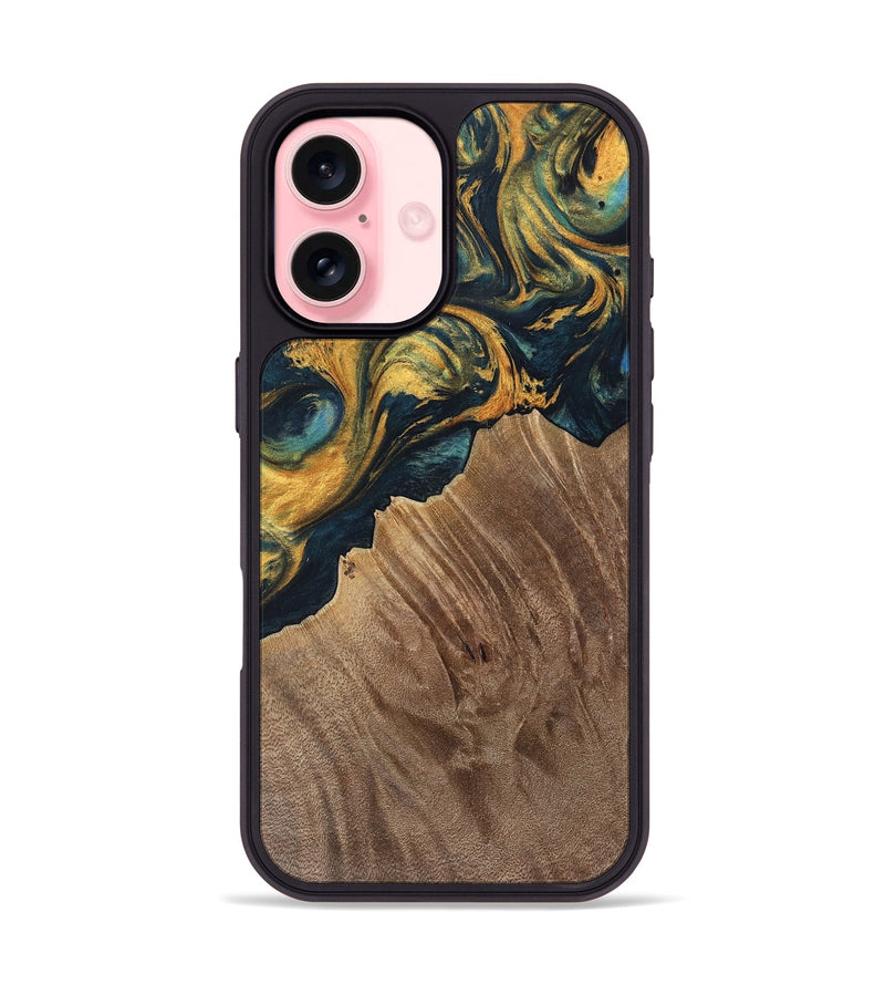 iPhone 16 Wood Phone Case - Sylvain (Teal & Gold, 741502)