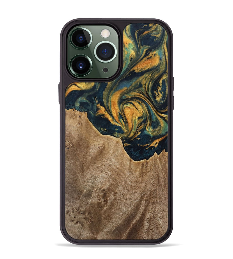 iPhone 13 Pro Max Wood Phone Case - Verene (Teal & Gold, 741517)