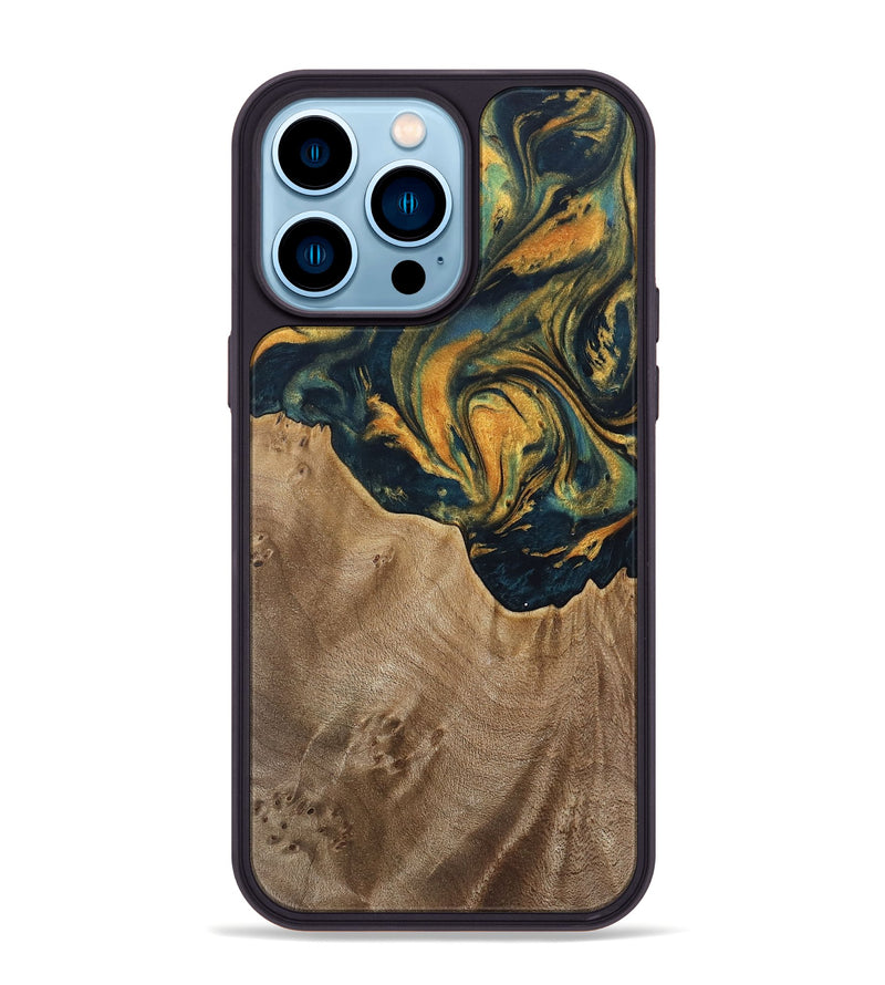 iPhone 14 Pro Max Wood Phone Case - Verene (Teal & Gold, 741517)