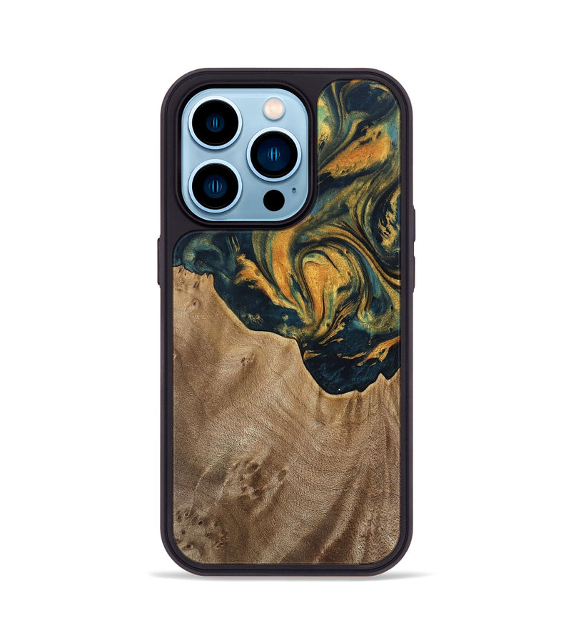 iPhone 14 Pro Wood Phone Case - Verene (Teal & Gold, 741517)