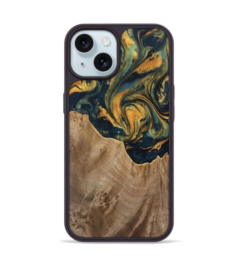 iPhone 15 Wood Phone Case - Verene (Teal & Gold, 741517)