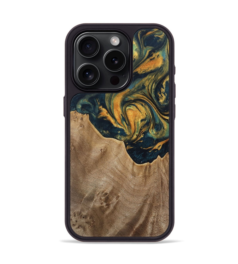 iPhone 15 Pro Wood Phone Case - Verene (Teal & Gold, 741517)