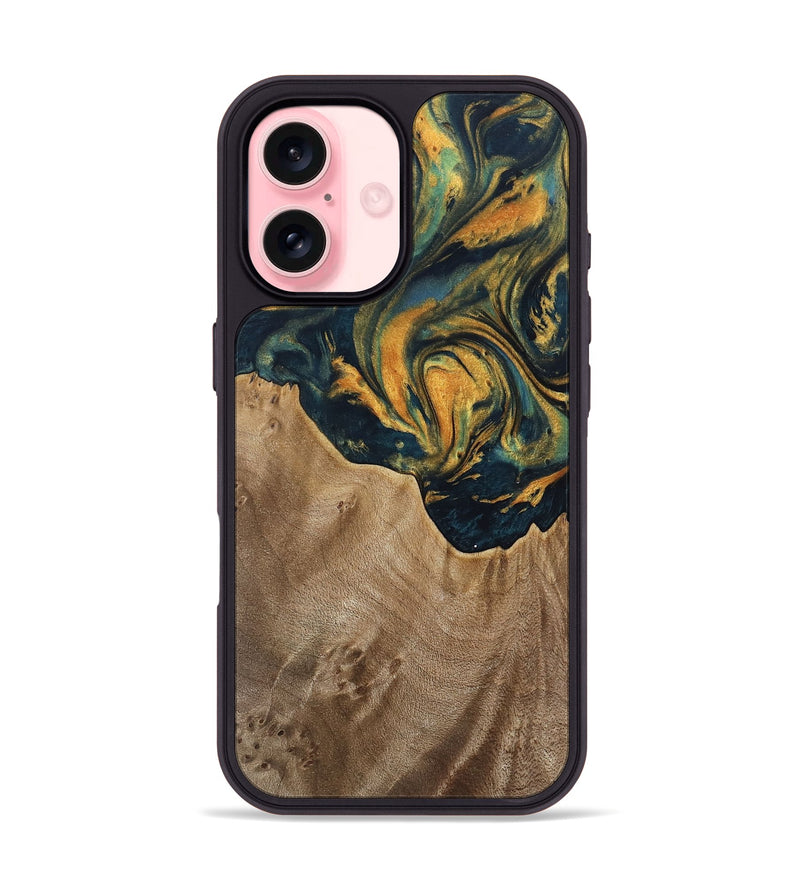 iPhone 16 Wood Phone Case - Verene (Teal & Gold, 741517)