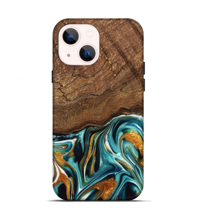 iPhone 13 Wood Live Edge Phone Case - Daxton (Teal & Gold, 741614)