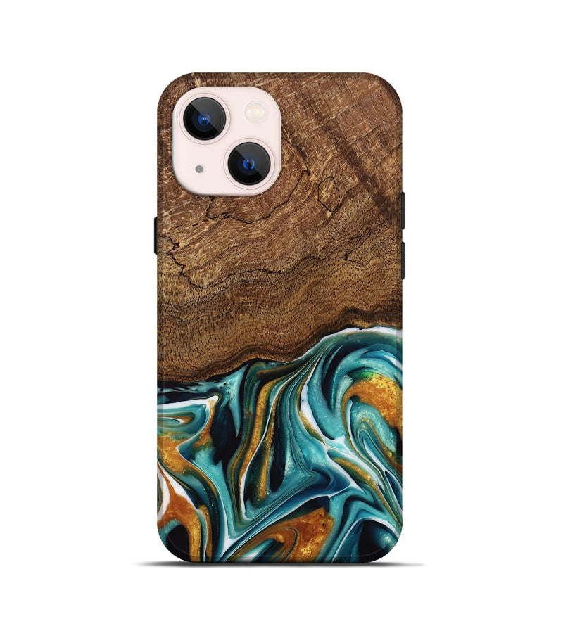 iPhone 13 mini Wood Live Edge Phone Case - Daxton (Teal & Gold, 741614)