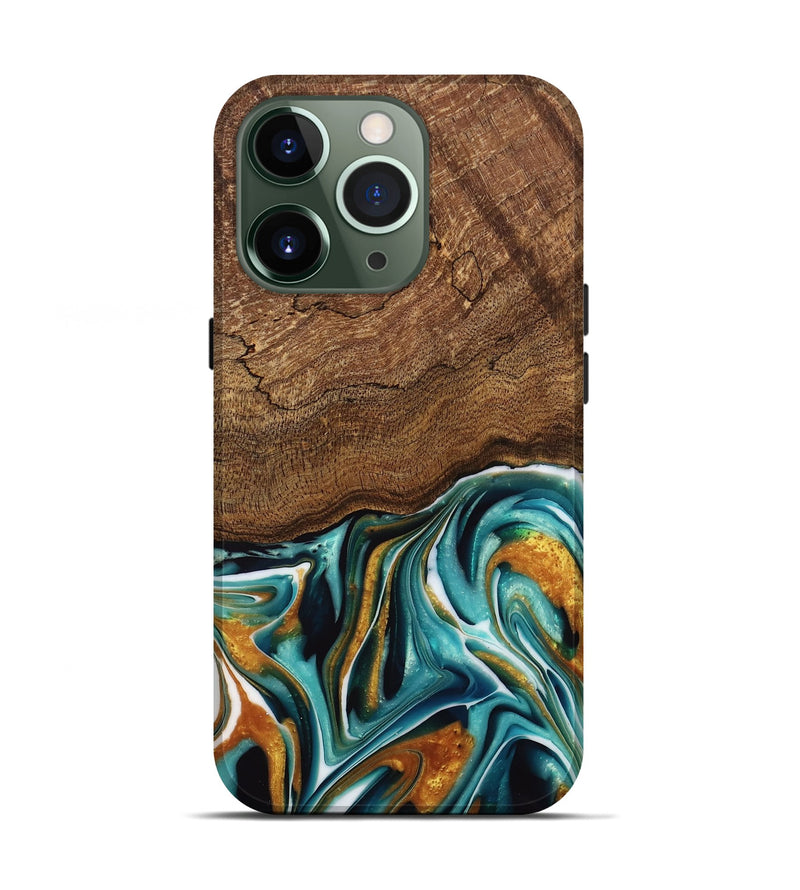 iPhone 13 Pro Wood Live Edge Phone Case - Daxton (Teal & Gold, 741614)