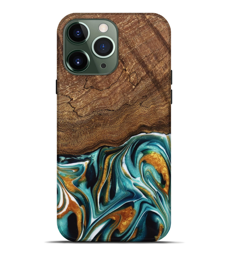 iPhone 13 Pro Max Wood Live Edge Phone Case - Daxton (Teal & Gold, 741614)