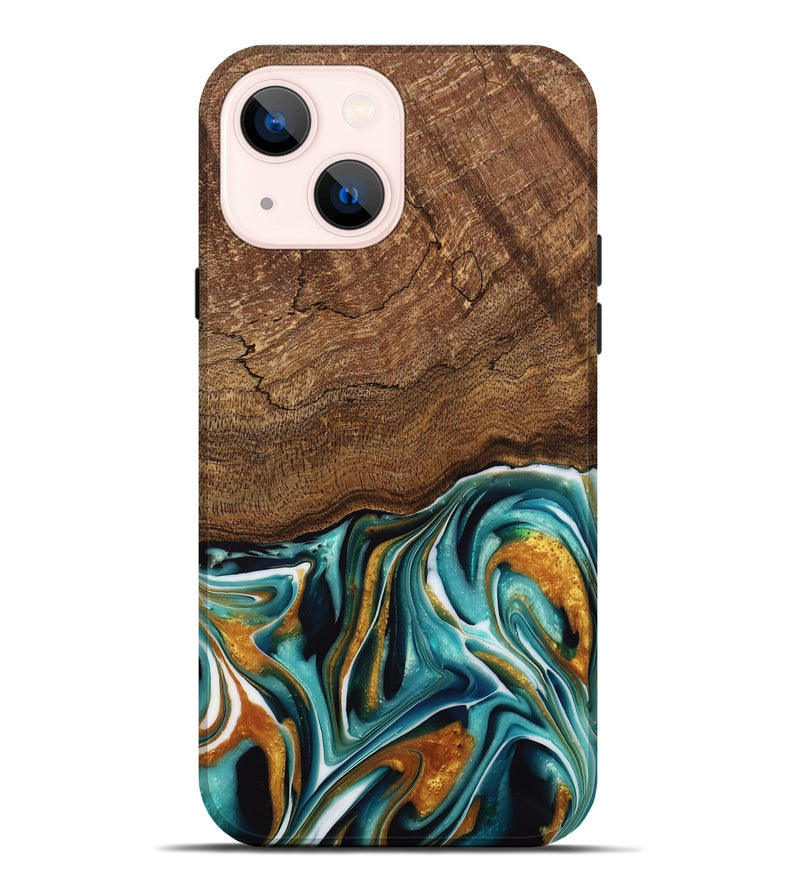 iPhone 14 Plus Wood Live Edge Phone Case - Daxton (Teal & Gold, 741614)