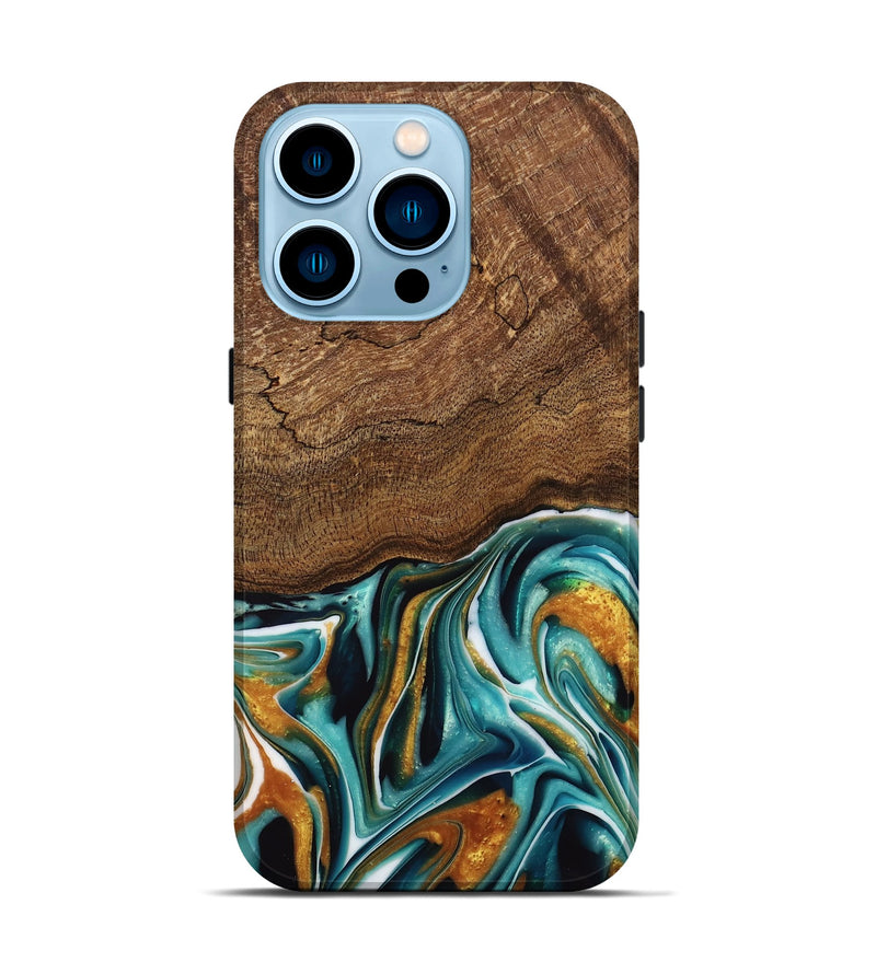 iPhone 14 Pro Wood Live Edge Phone Case - Daxton (Teal & Gold, 741614)