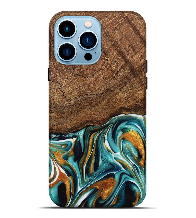 iPhone 14 Pro Max Wood Live Edge Phone Case - Daxton (Teal & Gold, 741614)