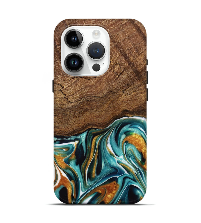 iPhone 15 Pro Wood Live Edge Phone Case - Daxton (Teal & Gold, 741614)