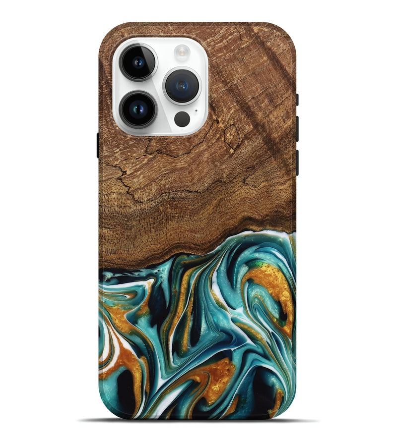 iPhone 15 Pro Max Wood Live Edge Phone Case - Daxton (Teal & Gold, 741614)