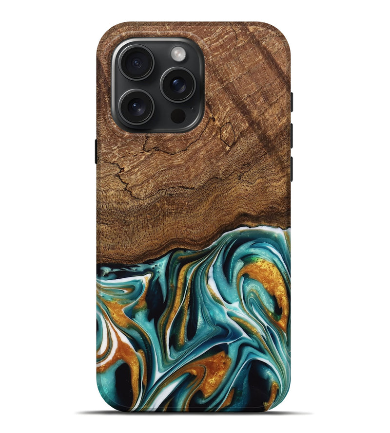 iPhone 16 Pro Max Wood Live Edge Phone Case - Daxton (Teal & Gold, 741614)