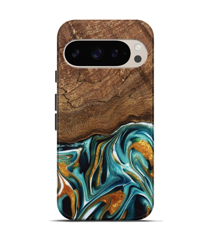 Pixel 9 Wood Live Edge Phone Case - Daxton (Teal & Gold, 741614)