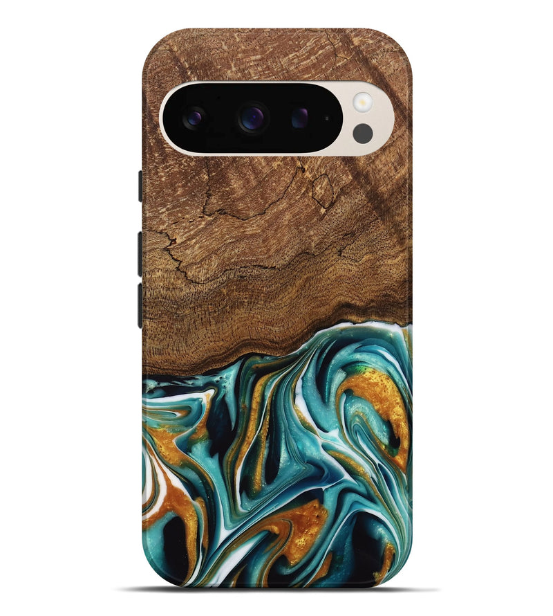 Pixel 9 Pro XL Wood Live Edge Phone Case - Daxton (Teal & Gold, 741614)