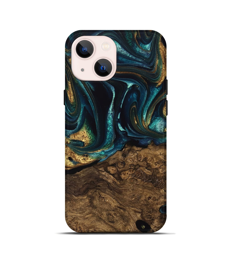 iPhone 13 mini Wood Live Edge Phone Case - Susanna (Teal & Gold, 741616)