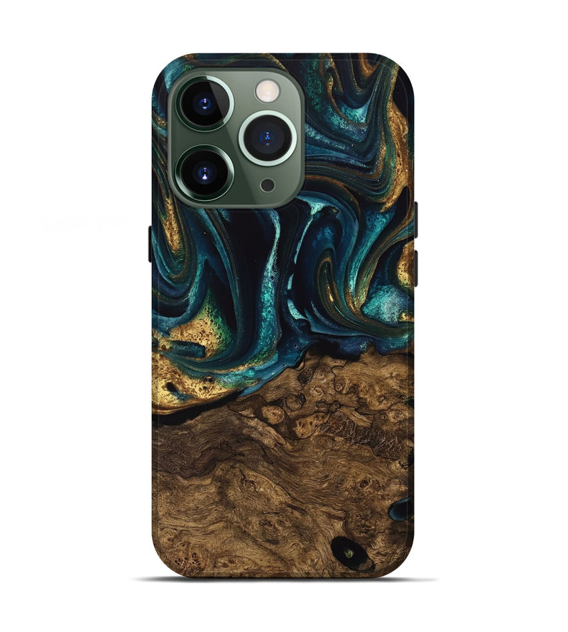 iPhone 13 Pro Wood Live Edge Phone Case - Susanna (Teal & Gold, 741616)