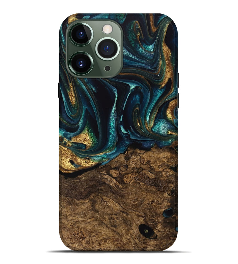 iPhone 13 Pro Max Wood Live Edge Phone Case - Susanna (Teal & Gold, 741616)