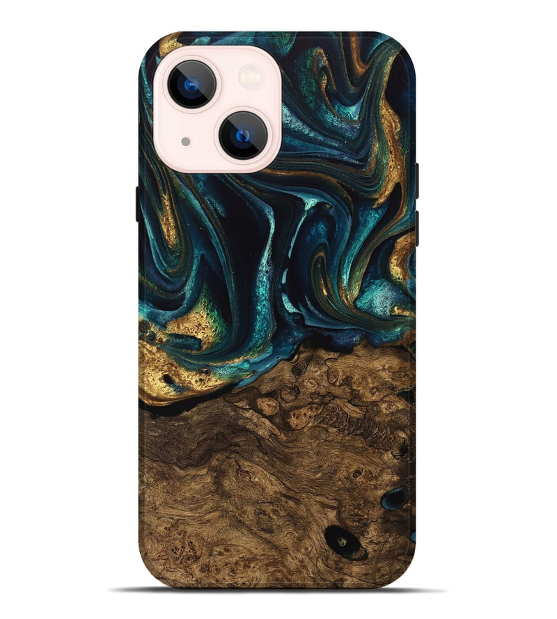 iPhone 14 Plus Wood Live Edge Phone Case - Susanna (Teal & Gold, 741616)